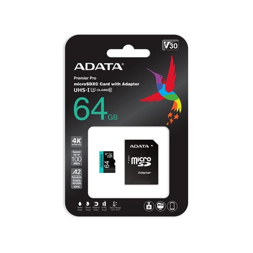 Adata UHS-I U3 MicroSDXC 64GB V30S class 10 + adapter AUSDX64GUI3V30SA2-RA1 memorijska kartica Slike
