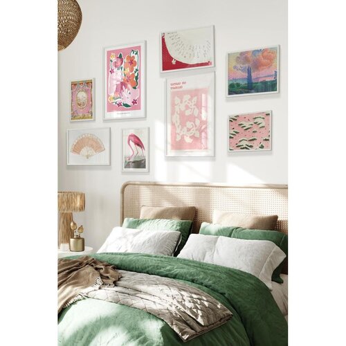 Wallxpert set od 8 uramljenih slika &Ccedil;gs-021, roze i crveni motivi &ndash; cvetovi, flamingo, lepeza i pejzaž u zalasku sunca, beli ram Cene