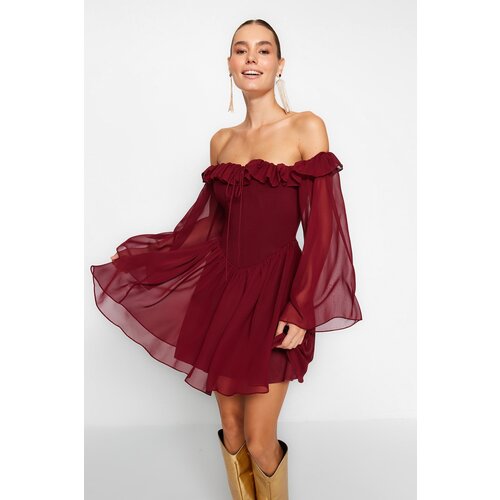 Trendyol Burgundy Chiffon Evening Dress that Opens at the Waist/Skater Lined, Chiffon Evening Dress Slike