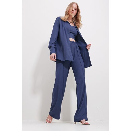 Trend Alaçatı Stili Women's Indigo Blue Crop Undershirt Shirt And Trousers Suit Slike