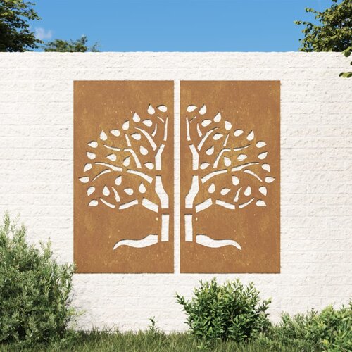 VidaXL Vrtna stenska dekoracija 2 kosa 105x55 cm corten jeklo drevo Slike