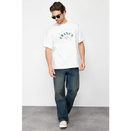 Trendyol Ecru Men's Oversize Country Printed 100% Cotton T-Shirt