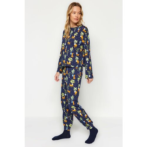 Trendyol Indigo 100% Cotton Tshirt-Jogger Knitted Pajamas Set Slike