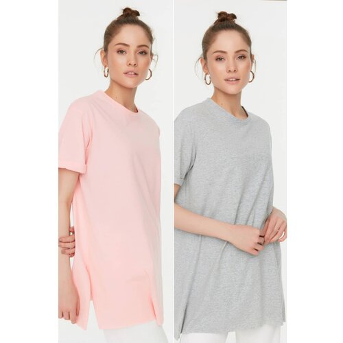 Trendyol Gray-Pink2' Slit Detailed Crew Neck Basic Knitted T-Shirt Slike