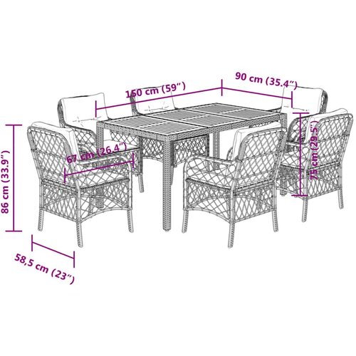  7-dijelni vrtni blagovaonski set s jastucima crni od poliratana Crna 150 cm table length Slike