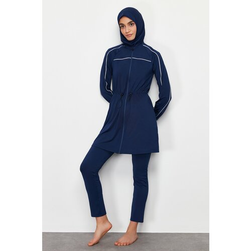 Trendyol Navy Blue Piped Beachwear Fully Covered 3-Piece Swimsuit Set Slike