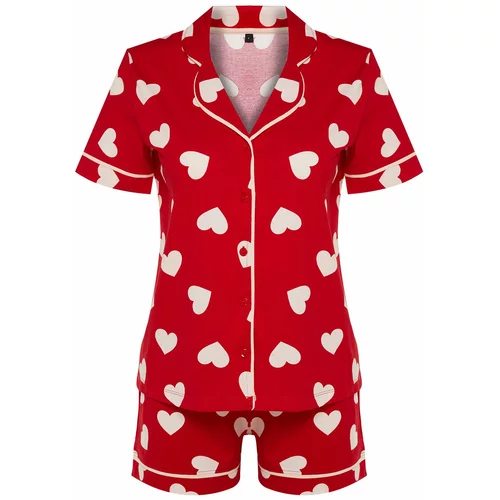 Trendyol Red 100% Cotton Heart Patterned Piping Detailed Shirt-Shorts Knitted Pajama Set