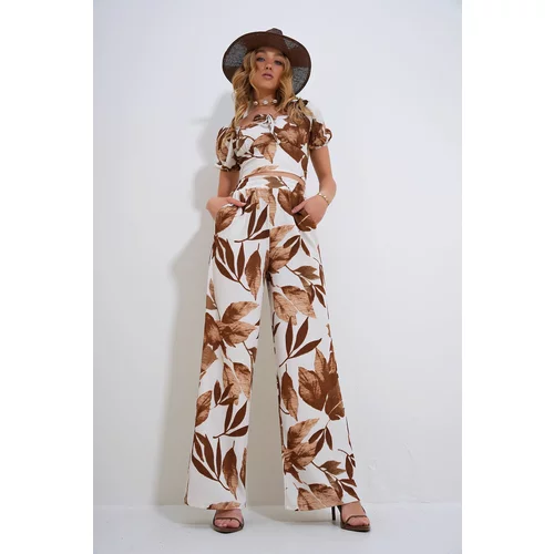 Trend Alaçatı Stili Women's Brown Palm Patterned Crop Top and Palazzo Trousers