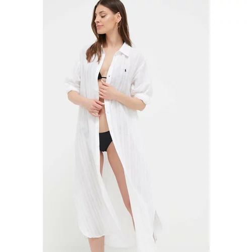 Polo Ralph Lauren Obleka iz mešanice lana bela barva