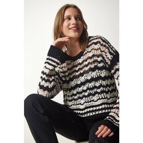  Women's Black Cream Striped Openwork Knitwear Sweater Cijene