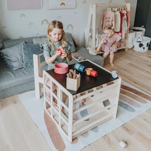 Ginger Home Montessori komplet 2 u 1 dječji stol sa stolčićem i penjalica kocka, brezova &amp;scaron;perploča, 57x50x55 cm Slike
