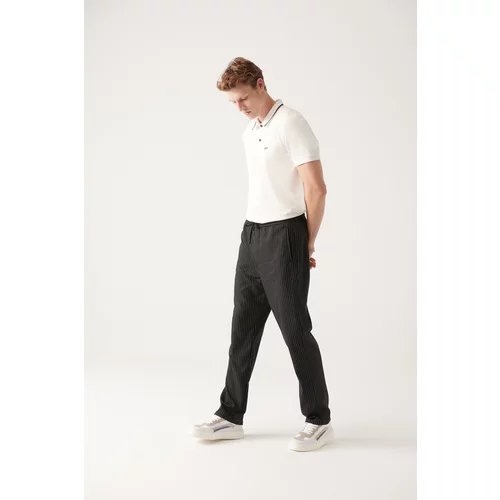 Avva Men's Black Elastic Waist Laced Striped Flexible Relaxed Fit Casual Fit Jogger Trousers
