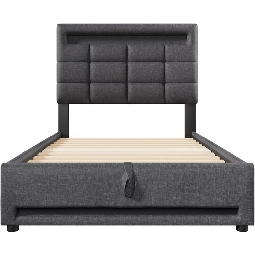 Lumor postelja s predalom oblazinjena 90x200 cm - z led svetlobo - lan - siva, (22155752) Cene
