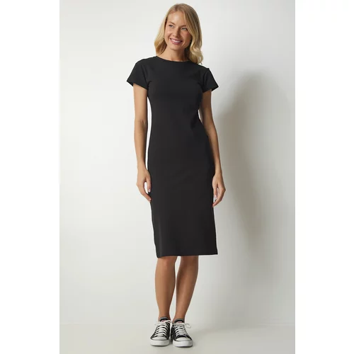 Happiness İstanbul Women's Black Short Sleeve Fitted Midi Knitted Dress
