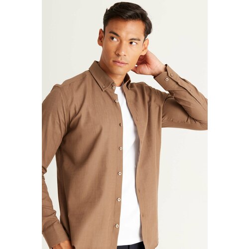 AC&Co / Altınyıldız Classics Men's Brown Tailored Slim Fit Oxford Buttoned Collar Linen-Looking 100% Cotton Flared Shirt. Slike