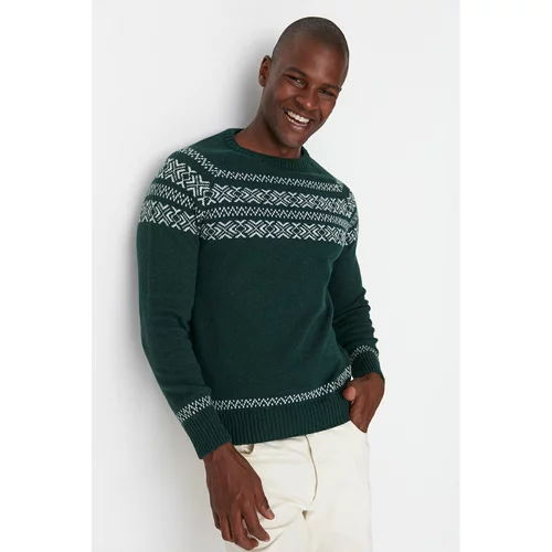 Trendyol Green Men's Slim Fit Crew Neck Jacquard Knitwear Sweater