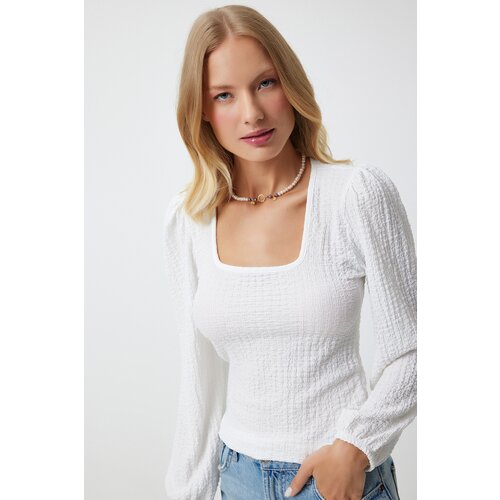  Women's White Square Collar Knitted Textured Blouse Cene