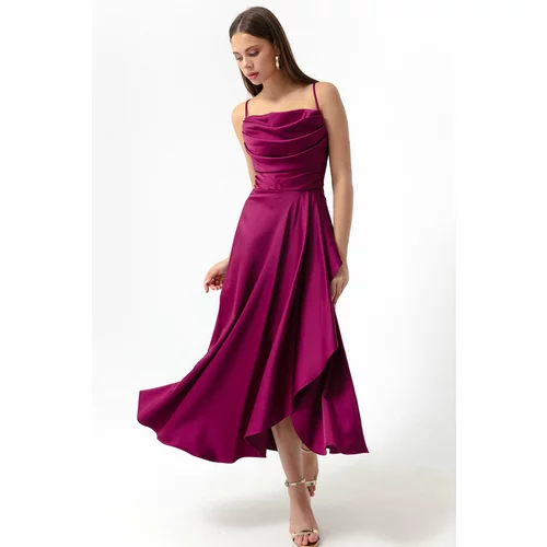Lafaba Women's Plum Satin Midi Length Evening Dress & Prom Dress with a slit.