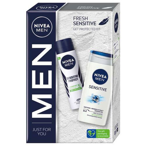 Nivea men Fresh Sensitive poklon set (Men Sensitive protect sprej 150ml, Men Sensitive gel za tuširanje 250ml) Slike