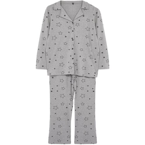 Trendyol Curve Gray Melange Star Patterned Shirt Collar Knitted Pajama Set Cene