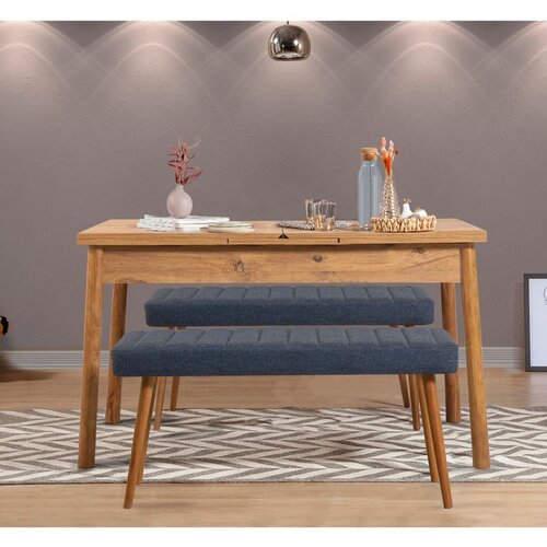Hanah home Santiago 1048 - Atlantic Pine, Dark Blue Atlantic PineDark Blue Extendable Dining Table & Bench Set (3 Pieces) Cene