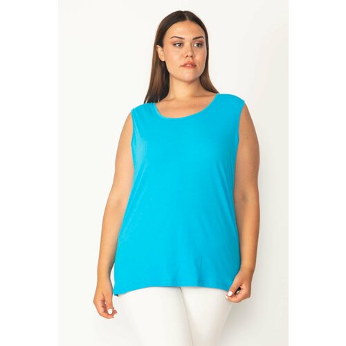 Şans Women's Plus Size Turquoise Cotton Fabric Crew Neck Sleeveless Blouse Slike