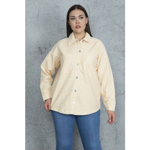 Şans Women's Plus Size Yellow Gabardine Fabric Metal Buttoned Unlined Shirt Coat Cene
