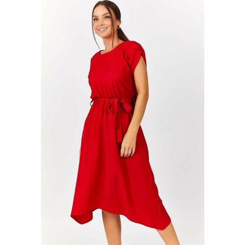 armonika Women's Red Elastic Tie Waist Dress Slike