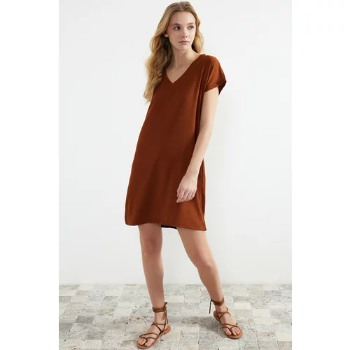 Trendyol Tile Wrap/Textured V-Neck Shift/Plain Mini Knitted Mini Dress