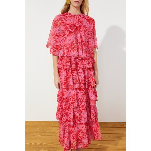 Trendyol Pink Floral Skirt Layered Chiffon Woven Evening Dress Slike
