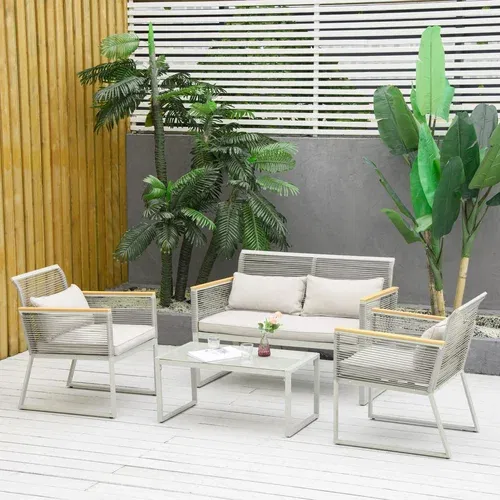 Outsunny 4-delni set vrtnega pohištva iz PE ratana, salon z 2 foteljema, kavčem in zunanjo mizico za kavo s snemljivimi blazinami, siva, (20754331)