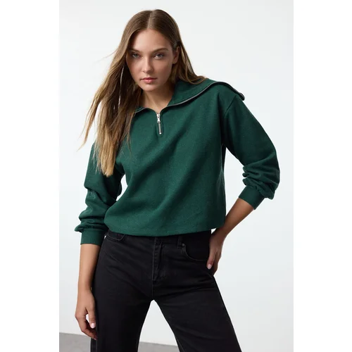 Trendyol Emerald Green Thessaloniki/Knitwear Look Polo Neck Zippered Regular Knitted Sweatshirt