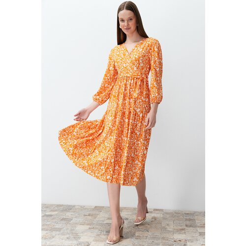 Trendyol Orange Sash Detail Double Breasted Skater/Waist Open Knitted Maxi Dress Slike