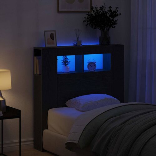  LED glava kreveta s policom Crni hrast 100 x 18,5 x 103,5 cm Slike