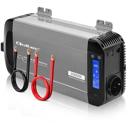 Qoltec Przetwornica napięcia Pure Sine Wave | 12V na 230V | 1000 /2000W | LCD | USB | USB-C | Kompatybilna z LiFePO4 GEL AGM Slike
