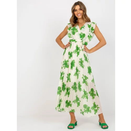 Fashionhunters Long, beige and green dress with prints and a belt