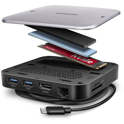 Axagon HMC-UFO USB-C Hub M.2 SATA /NVMe 1 Gbit /s Ethernet 384 kHz Audio Wired USB 3.2 Gen 2 (3.1 Gen 2) Type-C Black Slike
