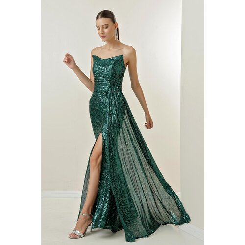 By Saygı Strapless Puffy-Plain Long Dress with Draping and Lined Front. Cene