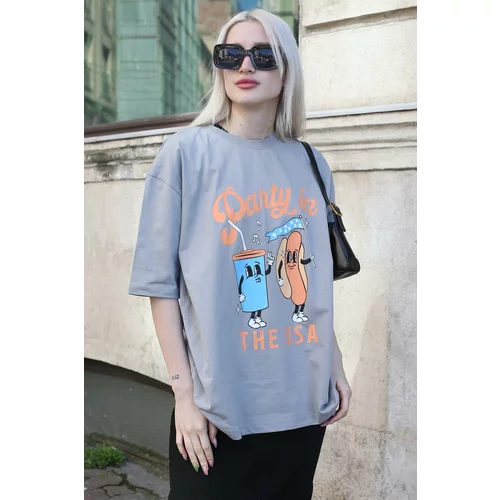 Madmext Dyed Gray Printed Crew Neck Women's T-Shirt