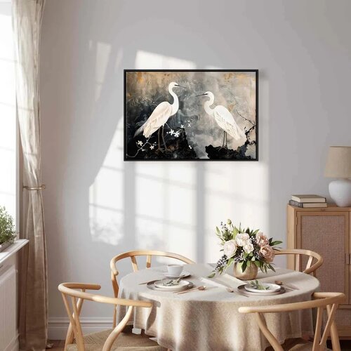  Slika - Herons and cherry blossoms - oriental-style illustration depicting birds 60x40 U crnom drvenom okviru Slike