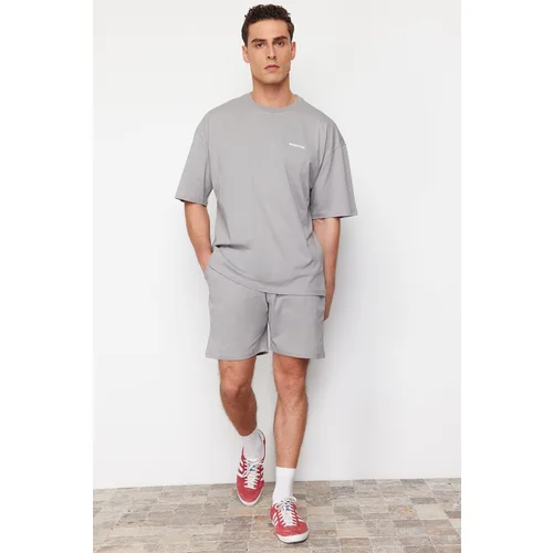 Trendyol Gray Tracksuit Set Oversize Text Printed 100% Cotton