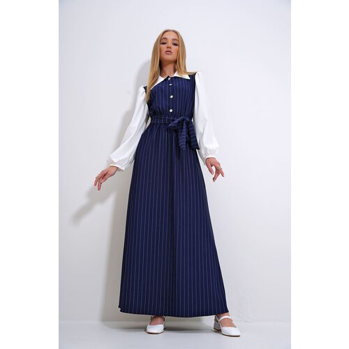 Trend Alaçatı Stili Women's Navy Blue Shirt Collar Button Detailed Striped Hijab Dress Cene