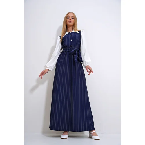 Trend Alaçatı Stili Women's Navy Blue Shirt Collar Button Detailed Striped Hijab Dress