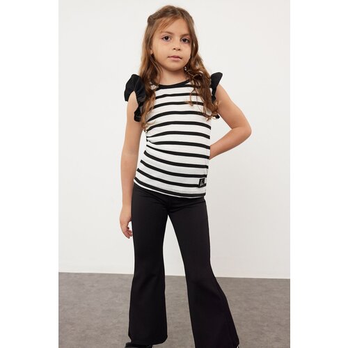 Trendyol black Girl Striped Ruffle Detailed Knitted T-Shirt Slike