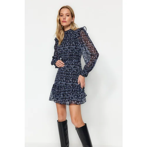 Trendyol Navy Blue Tie Stand-Up Collar Woven Dress