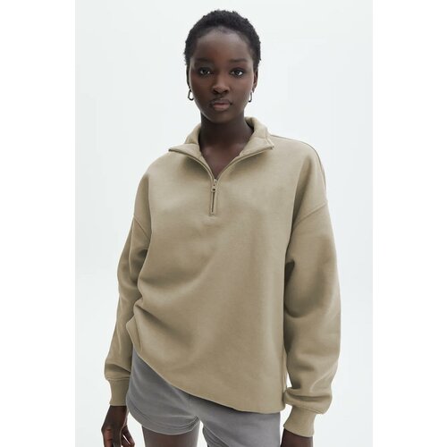 Madmext Beige Zipper Detailed Oversized Sweatshirt Cene
