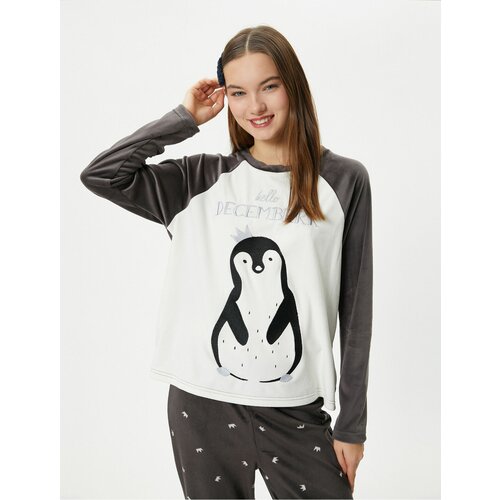 Koton Fleece Pajama Top Penguin Embroidered Crew Neck Raglan Sleeve Slike