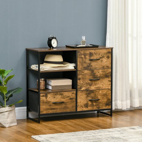 HOMCOM Komoda v industrijskem slogu s 4 zložljivimi predali iz blaga in 2 odprtima policama, MDF, jeklo in poliester, 84x30x71,5 cm, rjava in črna, (20745458) Cene
