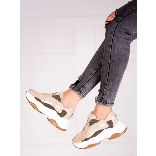 SHELOVET Lace-up women's sneakers on a high platform beige