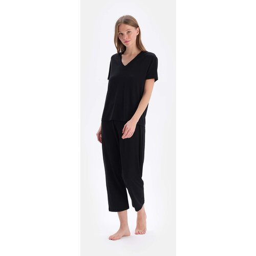 Dagi Black Short Sleeve V Neck Basic Viscose T-Shirt Trousers Pajamas Set Slike